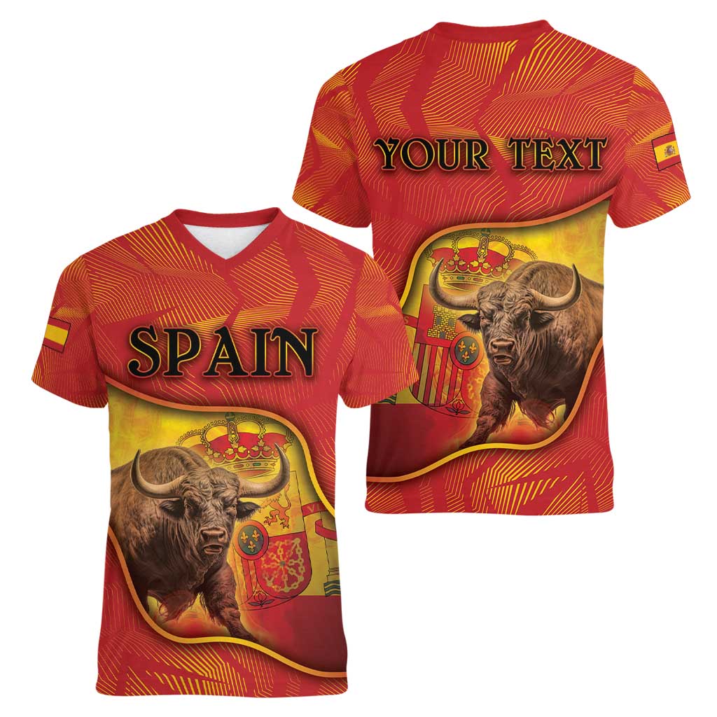 Personalized Spain Women V-Neck T-Shirt The Spanish Fighting Bull With Coat Of Arms - Wonder Print Shop