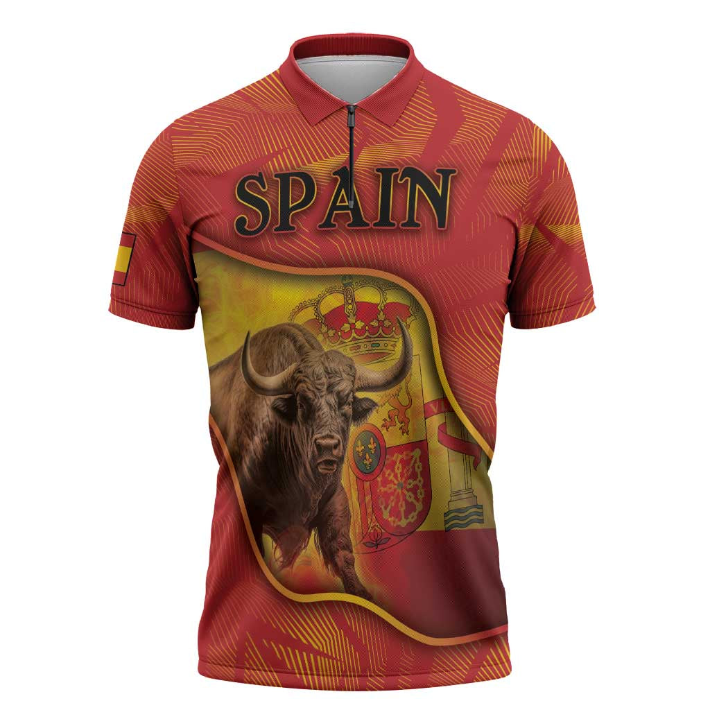 Personalized Spain Zipper Polo Shirt The Spanish Fighting Bull With Coat Of Arms - Wonder Print Shop