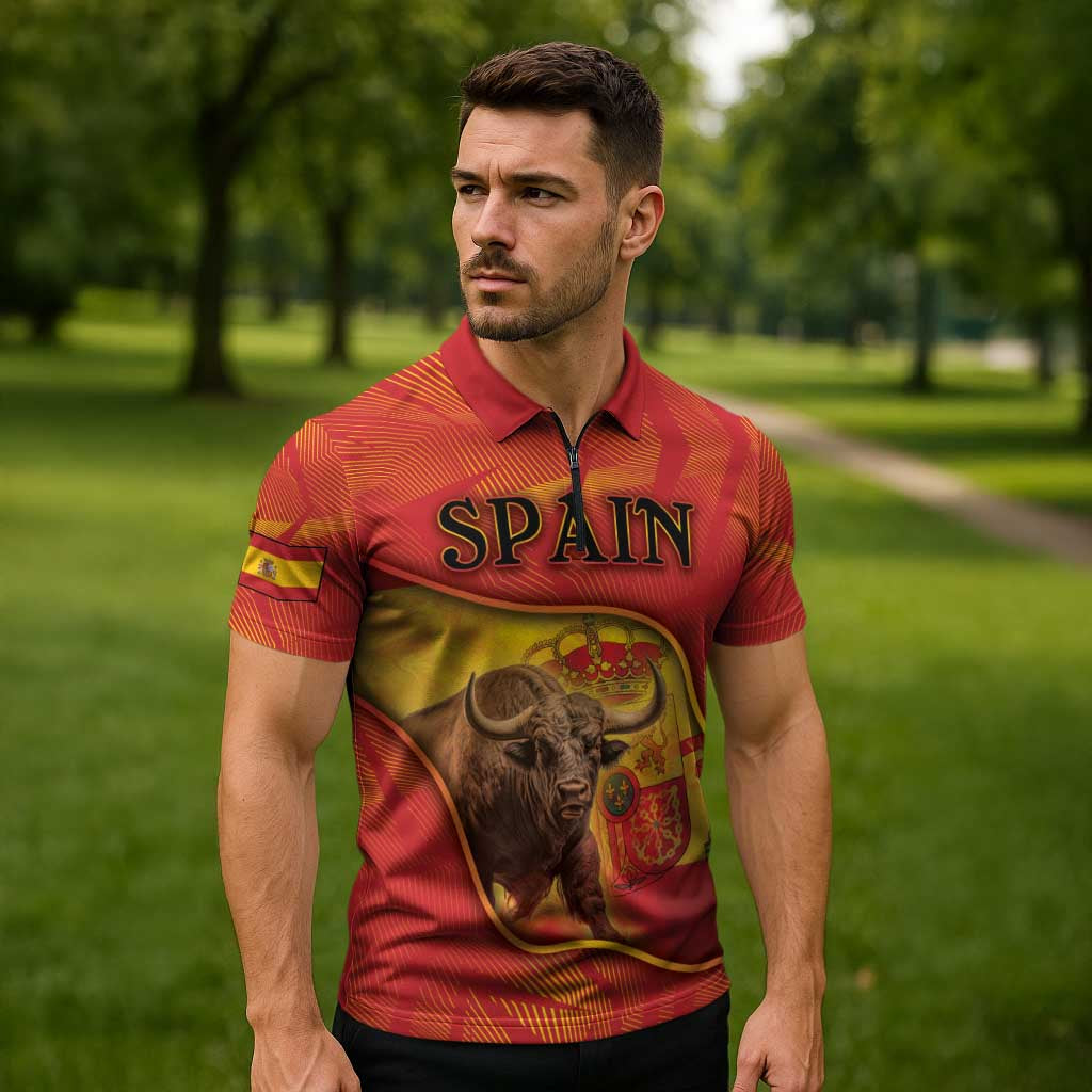 Personalized Spain Zipper Polo Shirt The Spanish Fighting Bull With Coat Of Arms - Wonder Print Shop