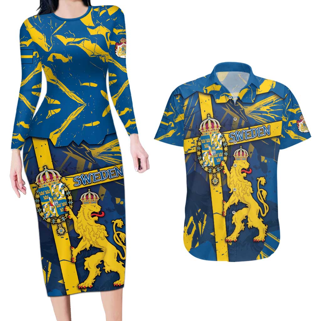 Personalized Sweden Couples Matching Long Sleeve Bodycon Dress and Hawaiian Shirt Coat Of Arms Unique Style - Wonder Print Shop