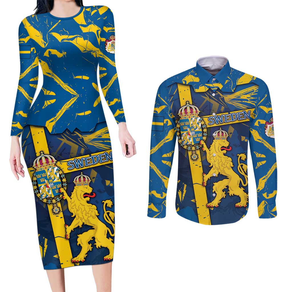 Personalized Sweden Couples Matching Long Sleeve Bodycon Dress and Long Sleeve Button Shirt Coat Of Arms Unique Style - Wonder Print Shop