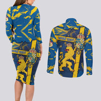 Personalized Sweden Couples Matching Long Sleeve Bodycon Dress and Long Sleeve Button Shirt Coat Of Arms Unique Style - Wonder Print Shop