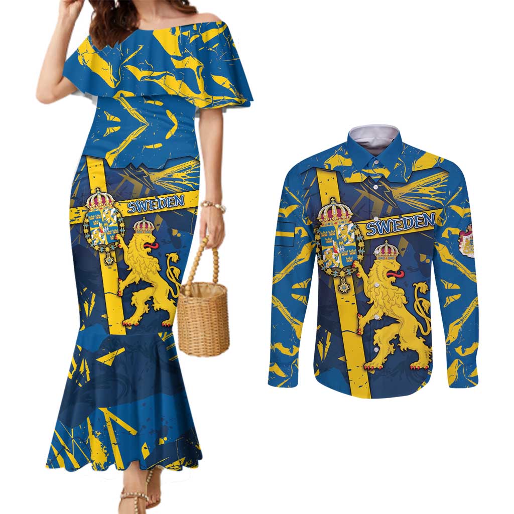 Personalized Sweden Couples Matching Mermaid Dress and Long Sleeve Button Shirt Coat Of Arms Unique Style - Wonder Print Shop