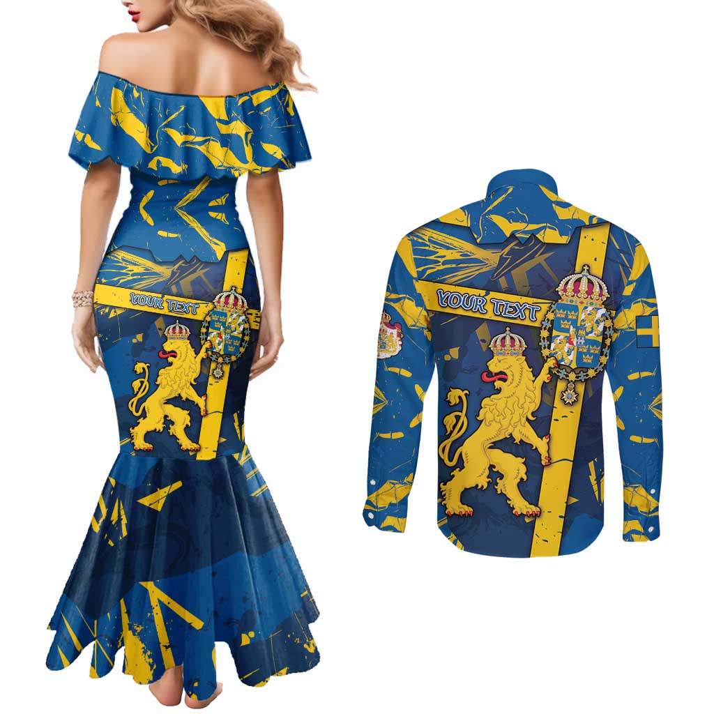 Personalized Sweden Couples Matching Mermaid Dress and Long Sleeve Button Shirt Coat Of Arms Unique Style - Wonder Print Shop