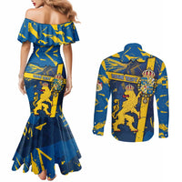 Personalized Sweden Couples Matching Mermaid Dress and Long Sleeve Button Shirt Coat Of Arms Unique Style - Wonder Print Shop
