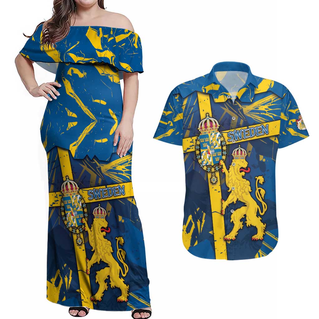 Personalized Sweden Couples Matching Off Shoulder Maxi Dress and Hawaiian Shirt Coat Of Arms Unique Style - Wonder Print Shop