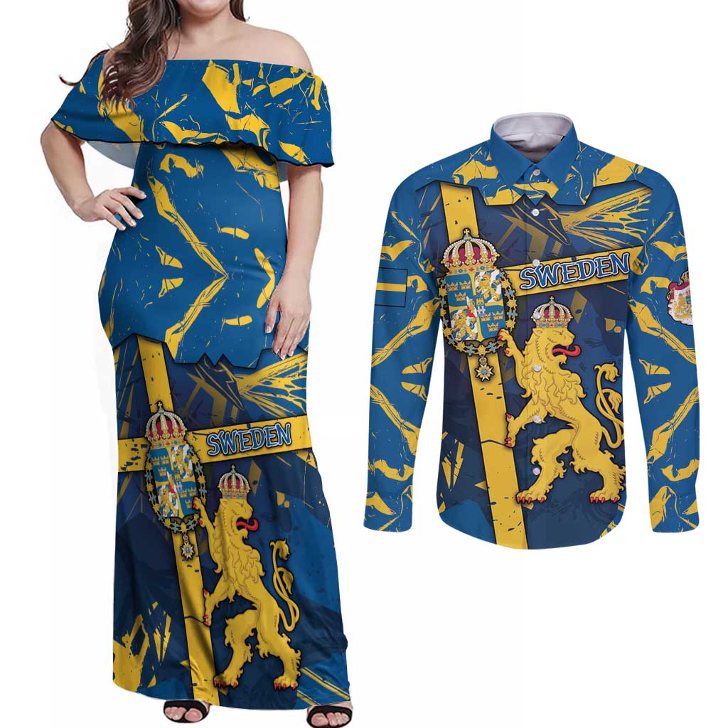 Personalized Sweden Couples Matching Off Shoulder Maxi Dress and Long Sleeve Button Shirt Coat Of Arms Unique Style - Wonder Print Shop