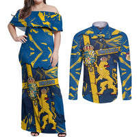 Personalized Sweden Couples Matching Off Shoulder Maxi Dress and Long Sleeve Button Shirt Coat Of Arms Unique Style - Wonder Print Shop