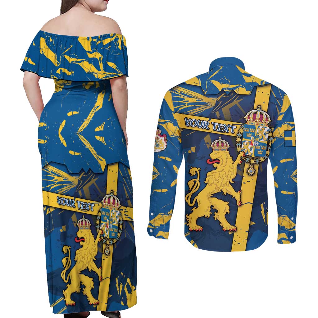 Personalized Sweden Couples Matching Off Shoulder Maxi Dress and Long Sleeve Button Shirt Coat Of Arms Unique Style - Wonder Print Shop