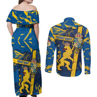 Personalized Sweden Couples Matching Off Shoulder Maxi Dress and Long Sleeve Button Shirt Coat Of Arms Unique Style - Wonder Print Shop