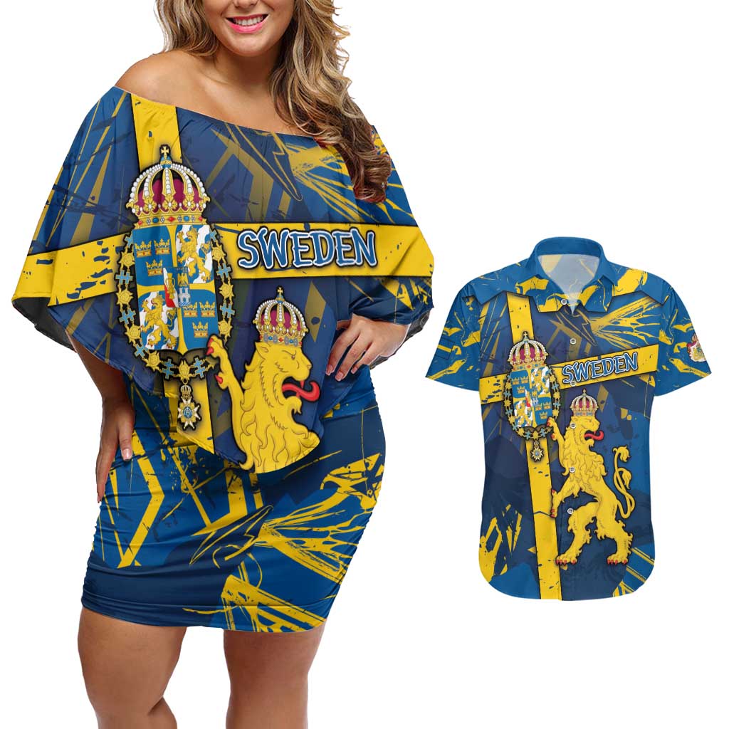 Personalized Sweden Couples Matching Off Shoulder Short Dress and Hawaiian Shirt Coat Of Arms Unique Style - Wonder Print Shop