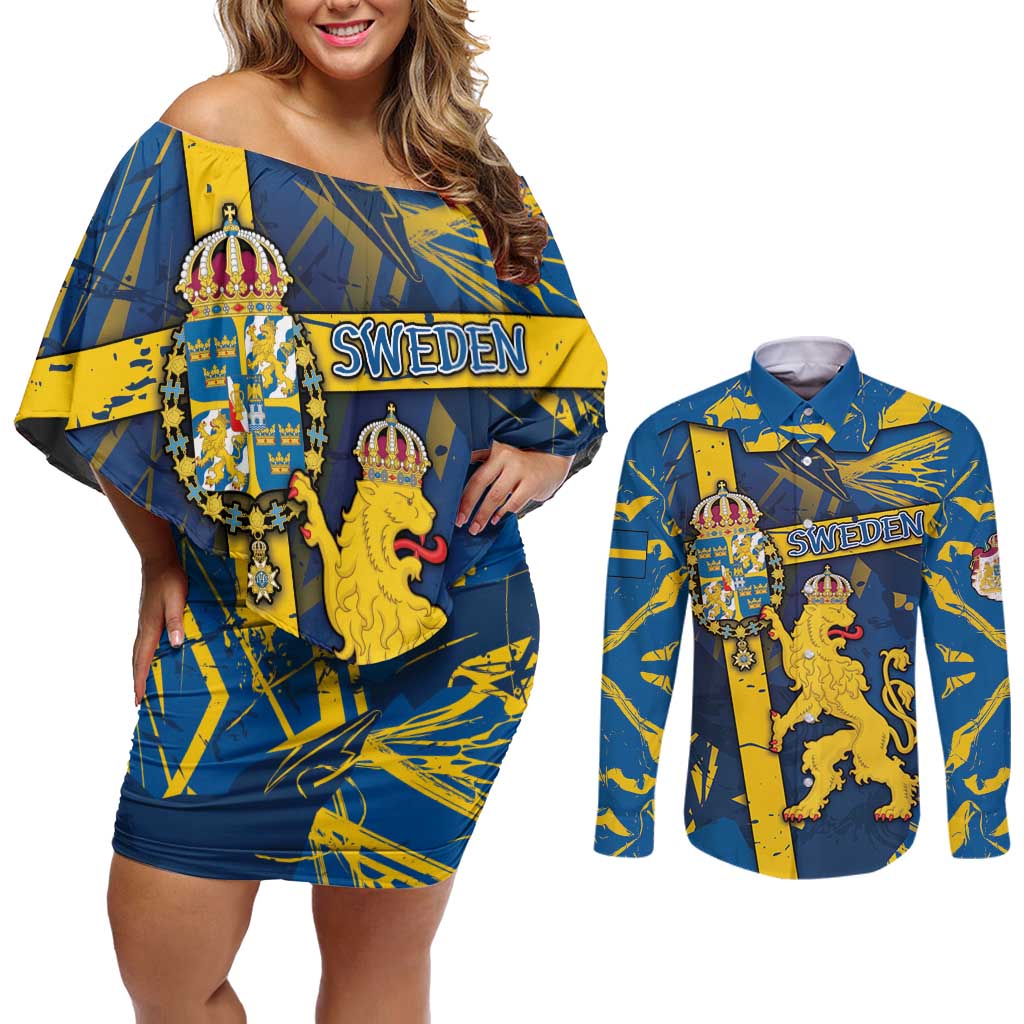 Personalized Sweden Couples Matching Off Shoulder Short Dress and Long Sleeve Button Shirt Coat Of Arms Unique Style - Wonder Print Shop