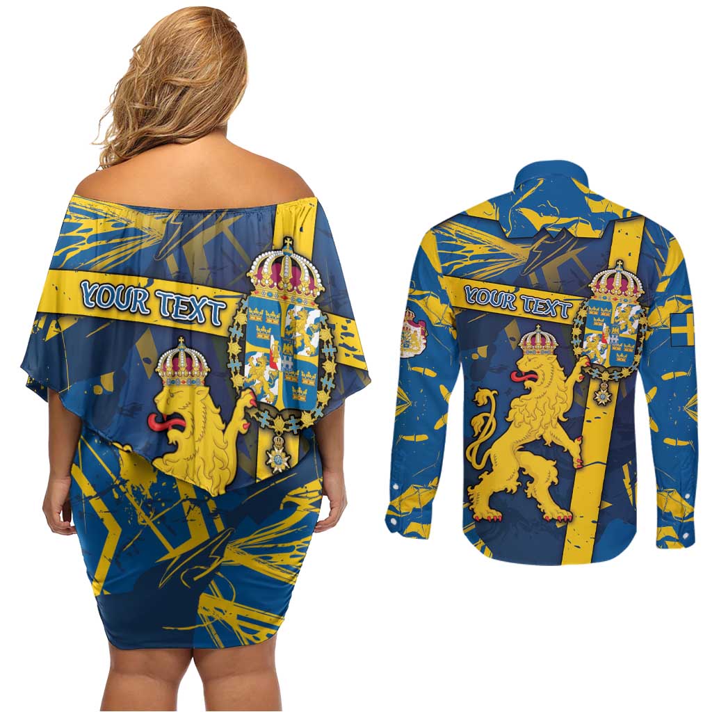 Personalized Sweden Couples Matching Off Shoulder Short Dress and Long Sleeve Button Shirt Coat Of Arms Unique Style - Wonder Print Shop