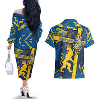 Personalized Sweden Couples Matching Off The Shoulder Long Sleeve Dress and Hawaiian Shirt Coat Of Arms Unique Style - Wonder Print Shop