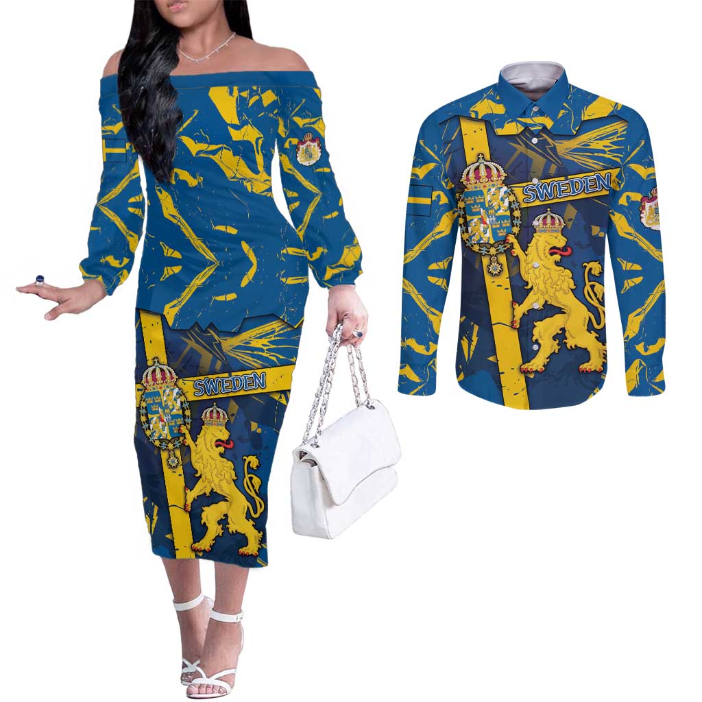 Personalized Sweden Couples Matching Off The Shoulder Long Sleeve Dress and Long Sleeve Button Shirt Coat Of Arms Unique Style - Wonder Print Shop