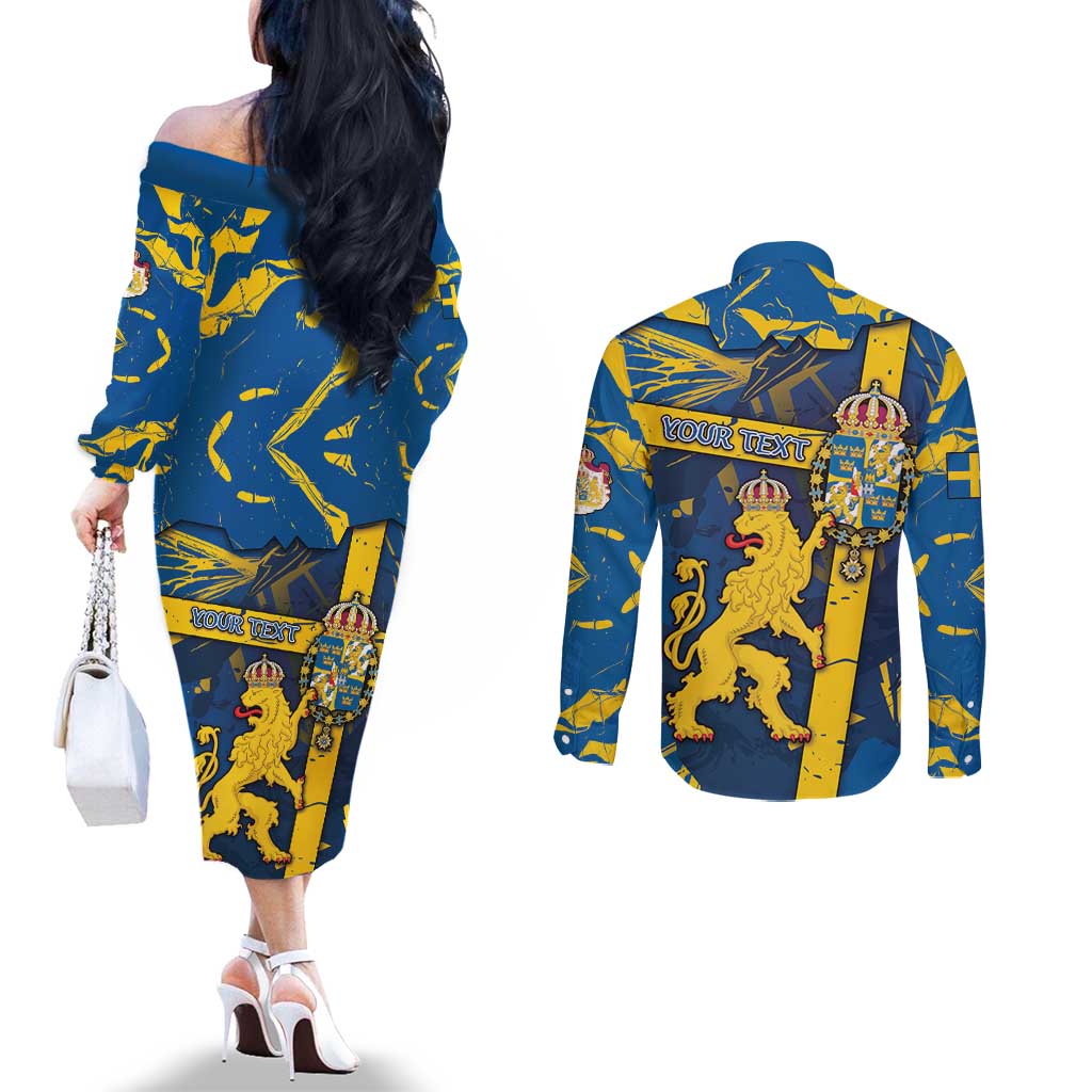Personalized Sweden Couples Matching Off The Shoulder Long Sleeve Dress and Long Sleeve Button Shirt Coat Of Arms Unique Style - Wonder Print Shop