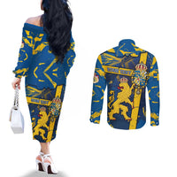 Personalized Sweden Couples Matching Off The Shoulder Long Sleeve Dress and Long Sleeve Button Shirt Coat Of Arms Unique Style - Wonder Print Shop