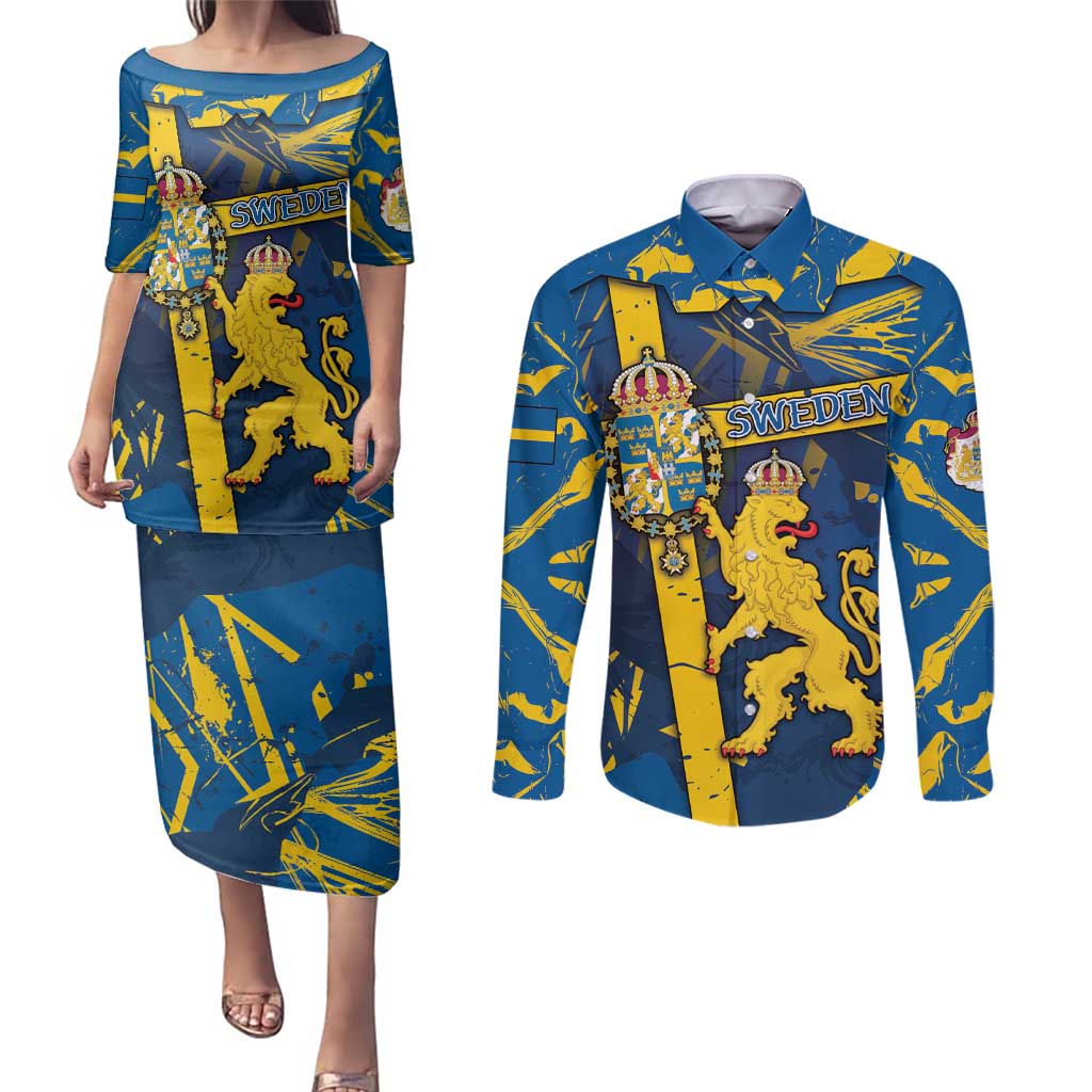 Personalized Sweden Couples Matching Puletasi and Long Sleeve Button Shirt Coat Of Arms Unique Style - Wonder Print Shop