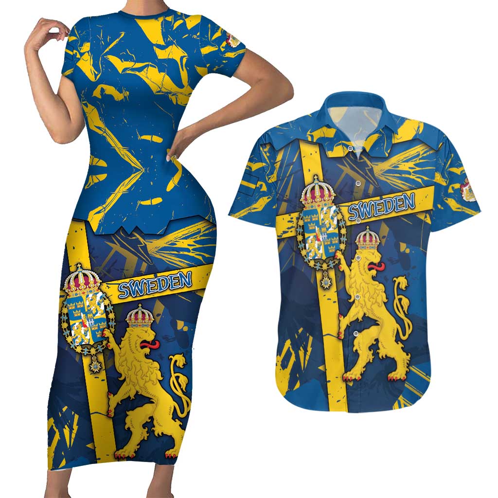 Personalized Sweden Couples Matching Short Sleeve Bodycon Dress and Hawaiian Shirt Coat Of Arms Unique Style - Wonder Print Shop