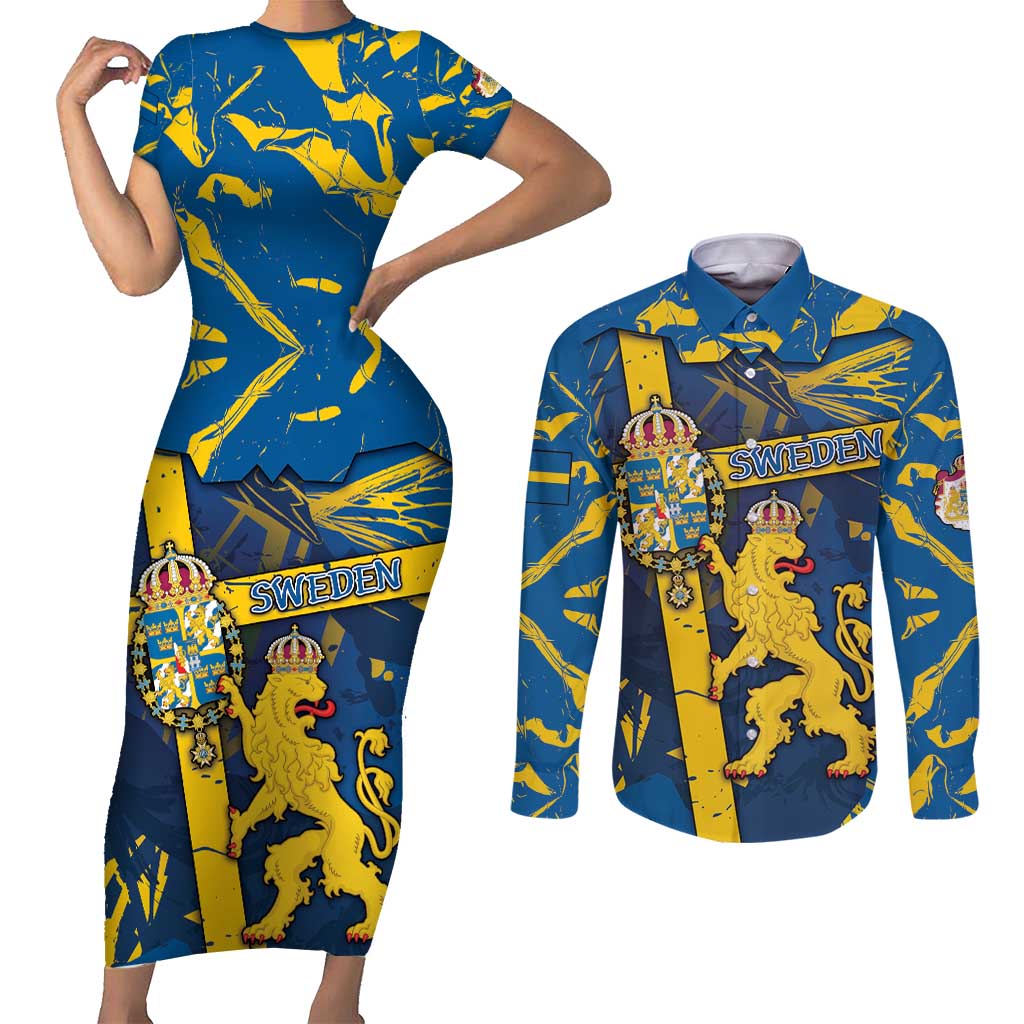 Personalized Sweden Couples Matching Short Sleeve Bodycon Dress and Long Sleeve Button Shirt Coat Of Arms Unique Style - Wonder Print Shop