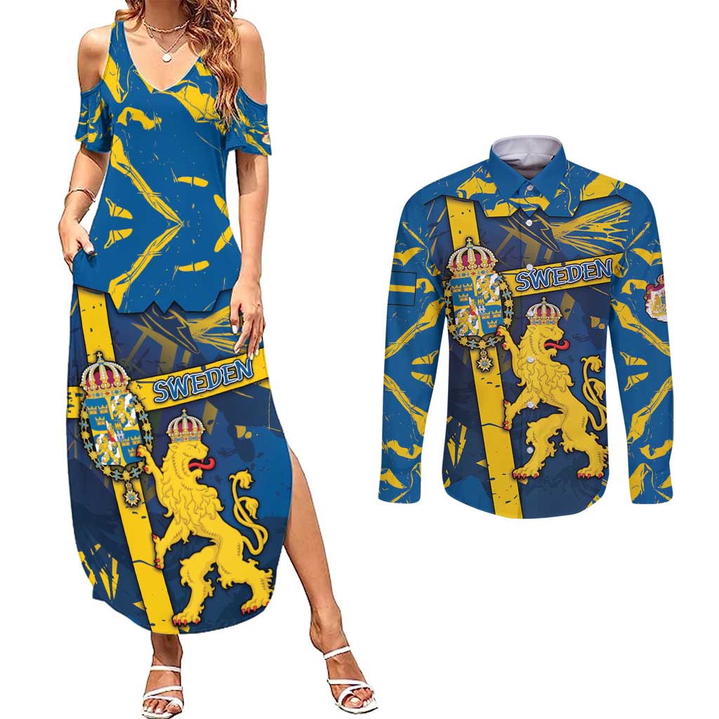 Personalized Sweden Couples Matching Summer Maxi Dress and Long Sleeve Button Shirt Coat Of Arms Unique Style - Wonder Print Shop