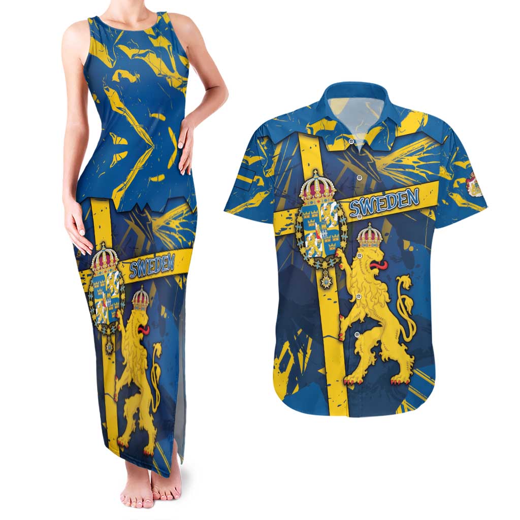 Personalized Sweden Couples Matching Tank Maxi Dress and Hawaiian Shirt Coat Of Arms Unique Style - Wonder Print Shop