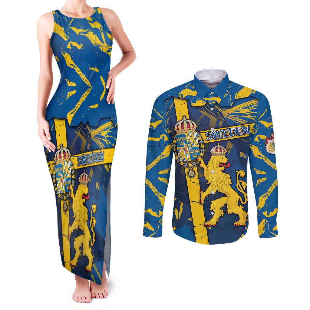 Personalized Sweden Couples Matching Tank Maxi Dress and Long Sleeve Button Shirt Coat Of Arms Unique Style - Wonder Print Shop
