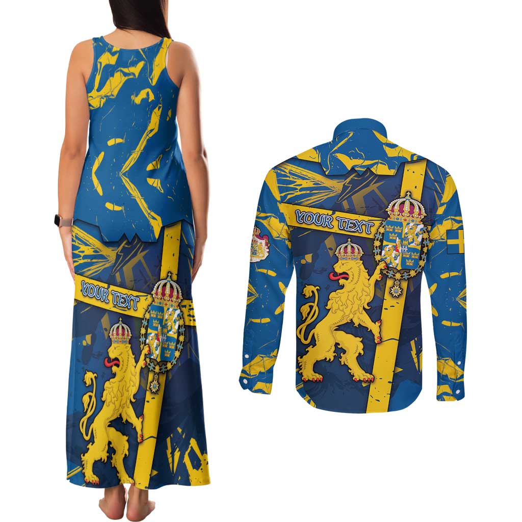 Personalized Sweden Couples Matching Tank Maxi Dress and Long Sleeve Button Shirt Coat Of Arms Unique Style - Wonder Print Shop