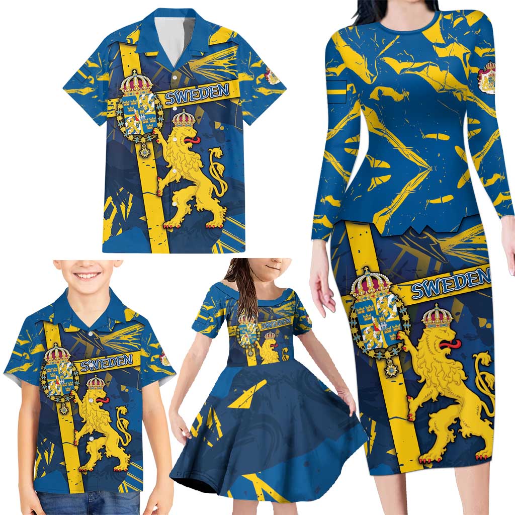 Personalized Sweden Family Matching Long Sleeve Bodycon Dress and Hawaiian Shirt Coat Of Arms Unique Style - Wonder Print Shop