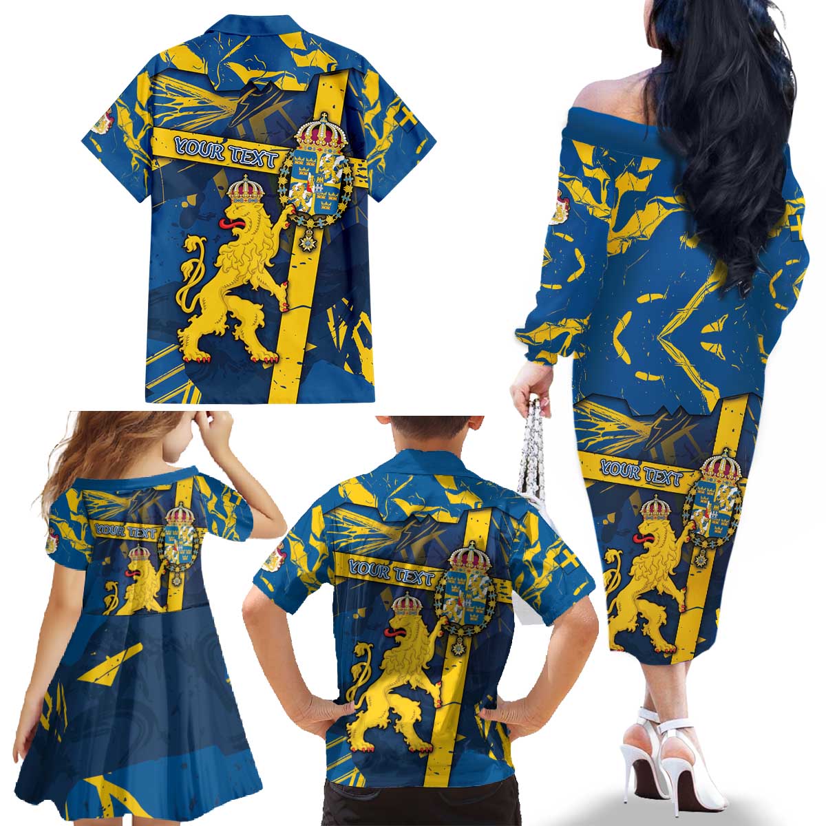 Personalized Sweden Family Matching Off The Shoulder Long Sleeve Dress and Hawaiian Shirt Coat Of Arms Unique Style - Wonder Print Shop