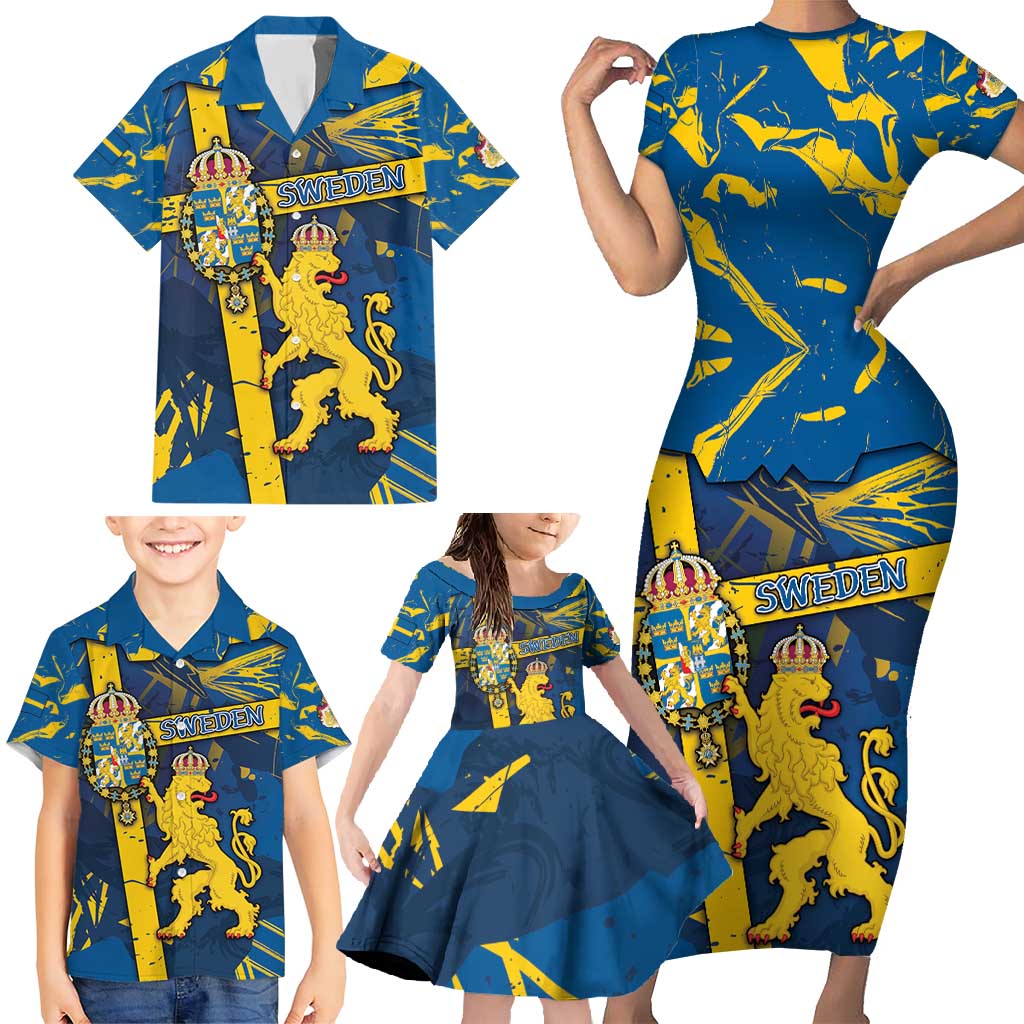 Personalized Sweden Family Matching Short Sleeve Bodycon Dress and Hawaiian Shirt Coat Of Arms Unique Style - Wonder Print Shop