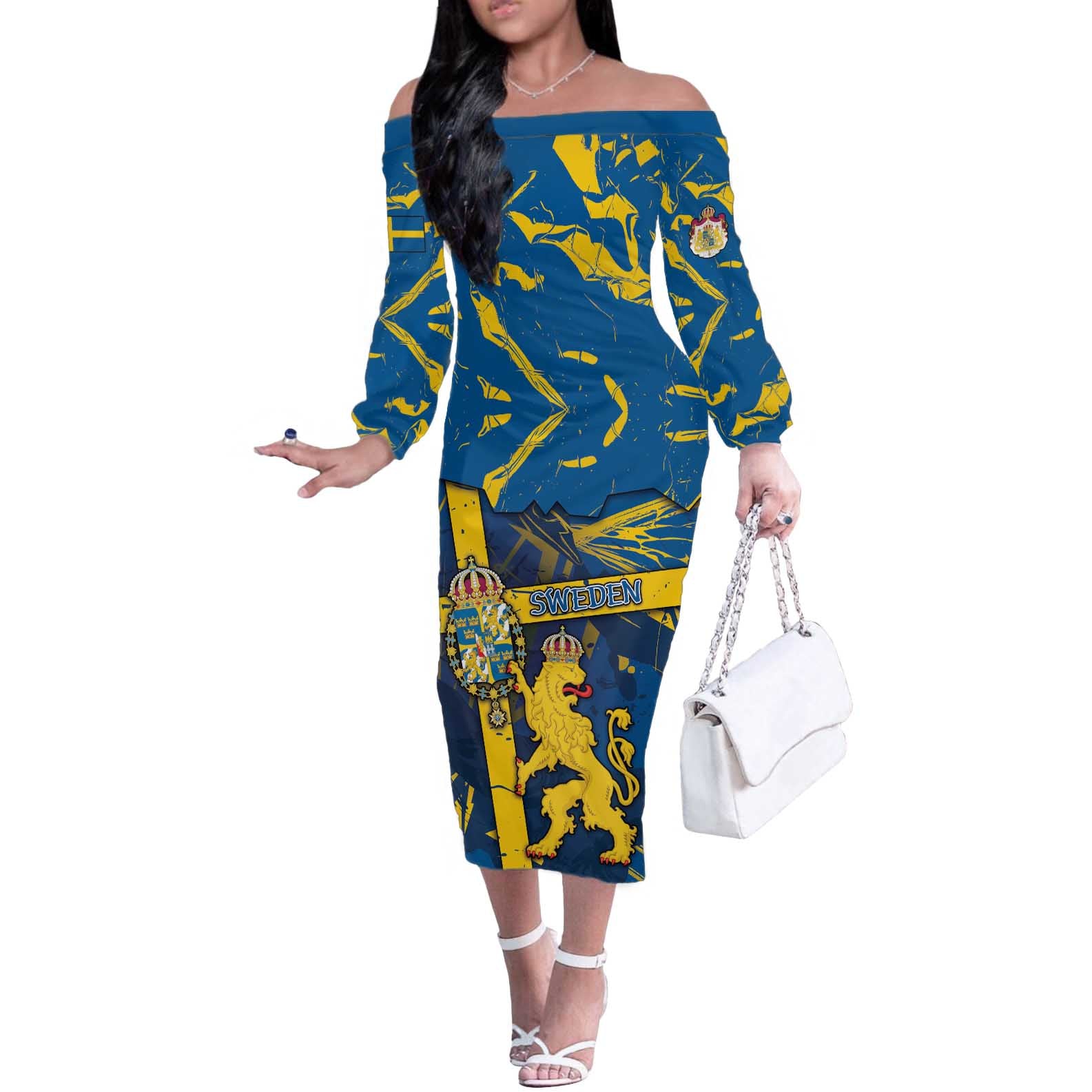 Personalized Sweden Off The Shoulder Long Sleeve Dress Coat Of Arms Unique Style - Wonder Print Shop