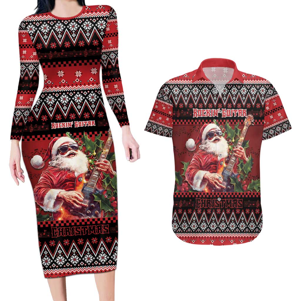Guitar Christmas Couples Matching Long Sleeve Bodycon Dress and Hawaiian Shirt Rocking Santa - Wonder Print Shop