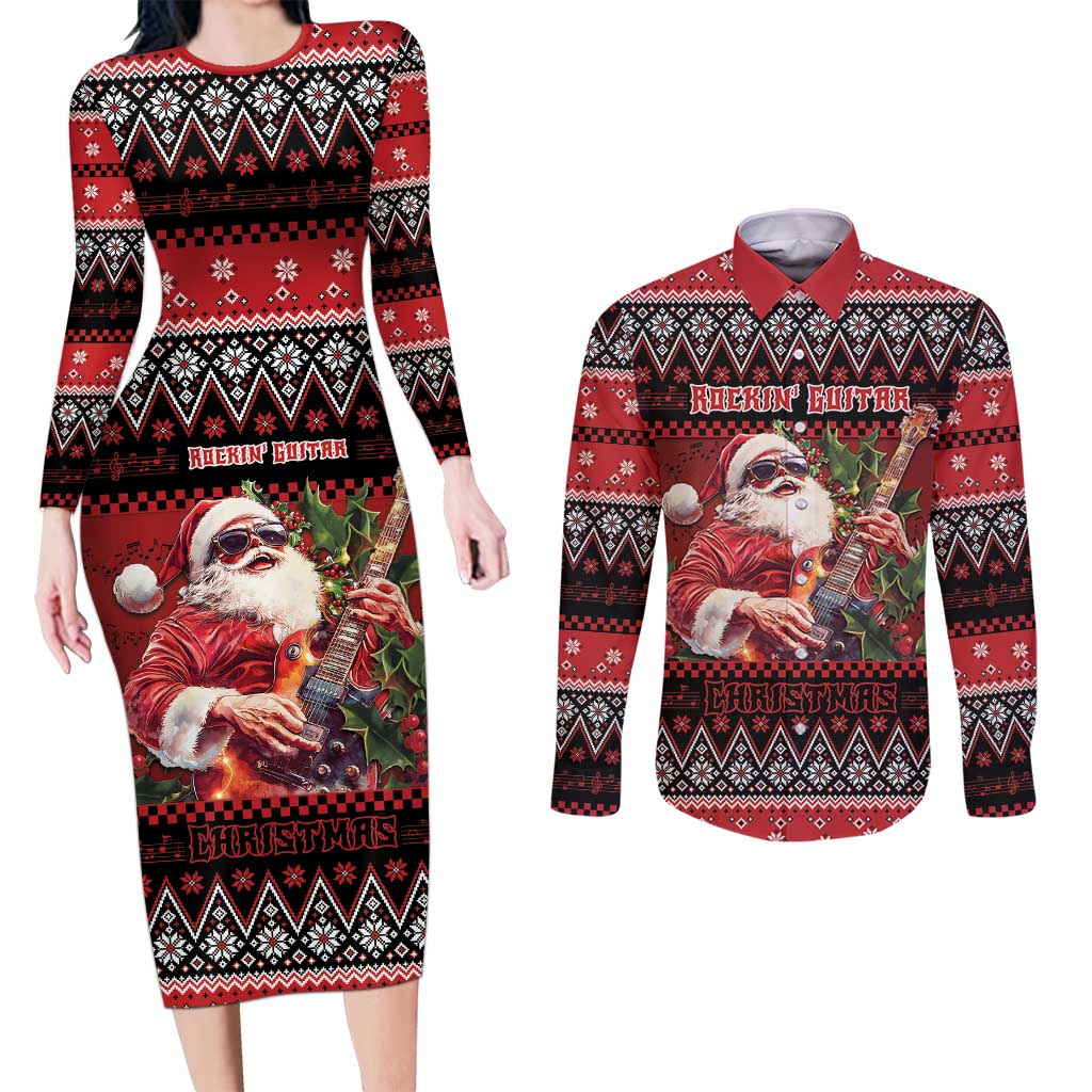 Guitar Christmas Couples Matching Long Sleeve Bodycon Dress and Long Sleeve Button Shirt Rocking Santa - Wonder Print Shop