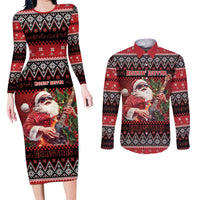 Guitar Christmas Couples Matching Long Sleeve Bodycon Dress and Long Sleeve Button Shirt Rocking Santa - Wonder Print Shop