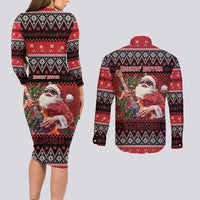 Guitar Christmas Couples Matching Long Sleeve Bodycon Dress and Long Sleeve Button Shirt Rocking Santa - Wonder Print Shop