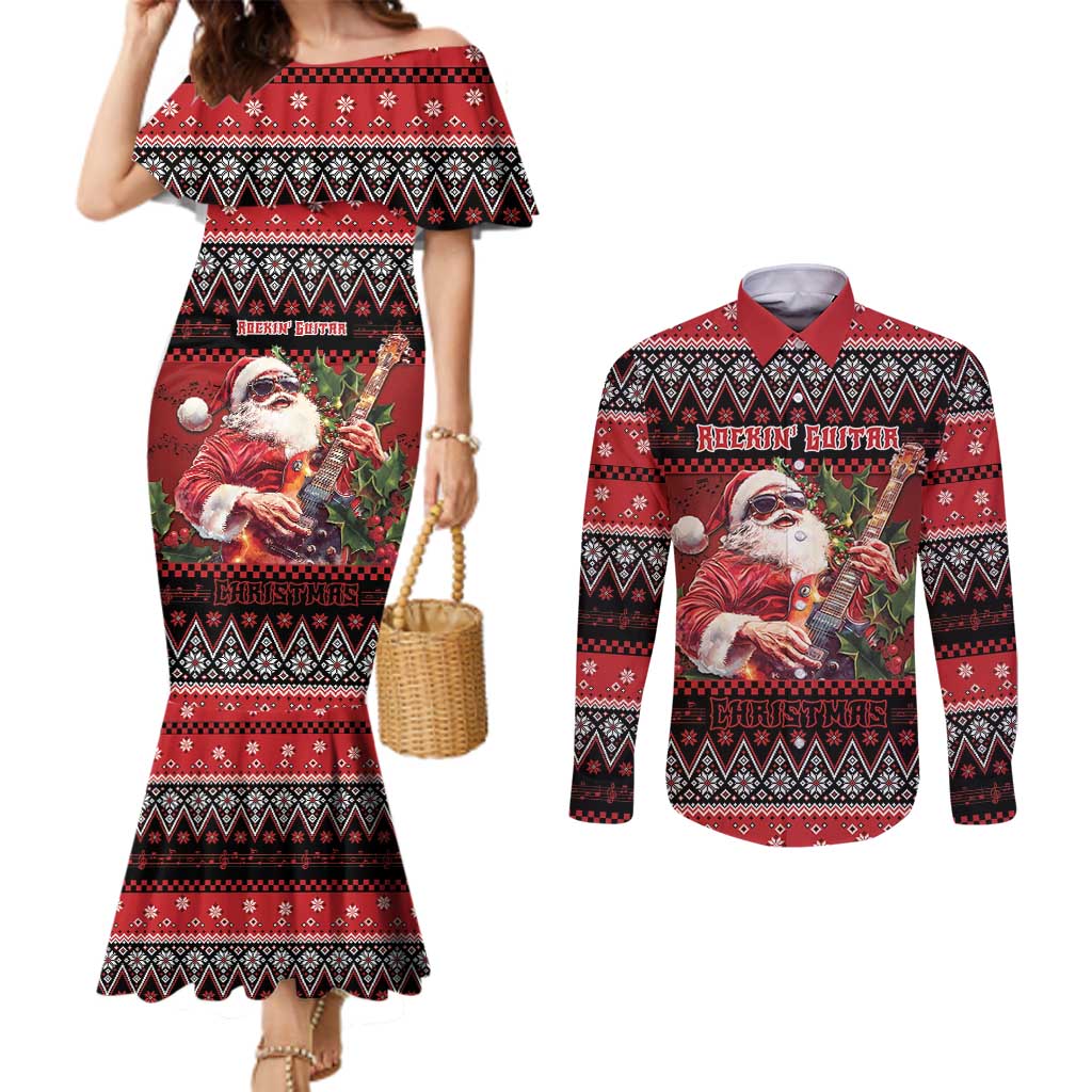 Guitar Christmas Couples Matching Mermaid Dress and Long Sleeve Button Shirt Rocking Santa - Wonder Print Shop