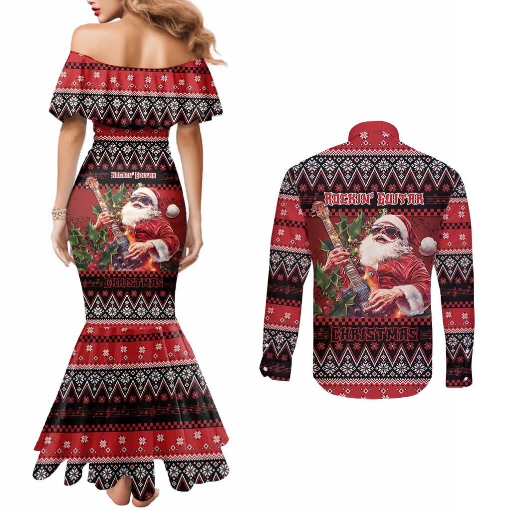 Guitar Christmas Couples Matching Mermaid Dress and Long Sleeve Button Shirt Rocking Santa - Wonder Print Shop