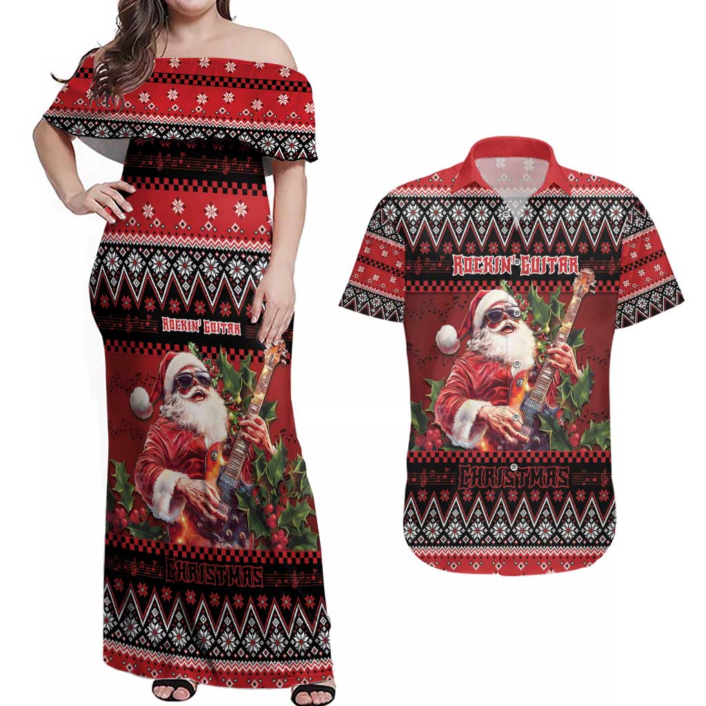 Guitar Christmas Couples Matching Off Shoulder Maxi Dress and Hawaiian Shirt Rocking Santa - Wonder Print Shop