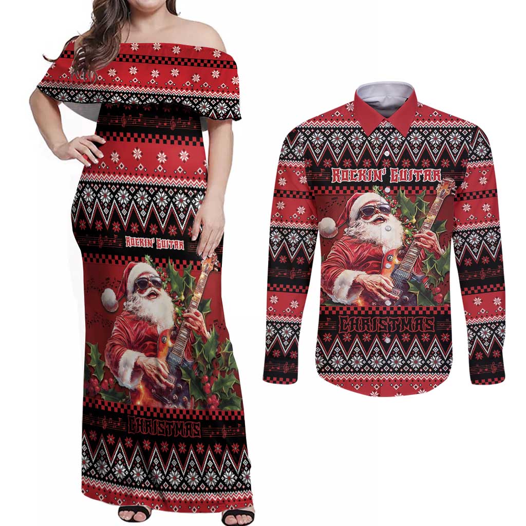 Guitar Christmas Couples Matching Off Shoulder Maxi Dress and Long Sleeve Button Shirt Rocking Santa - Wonder Print Shop