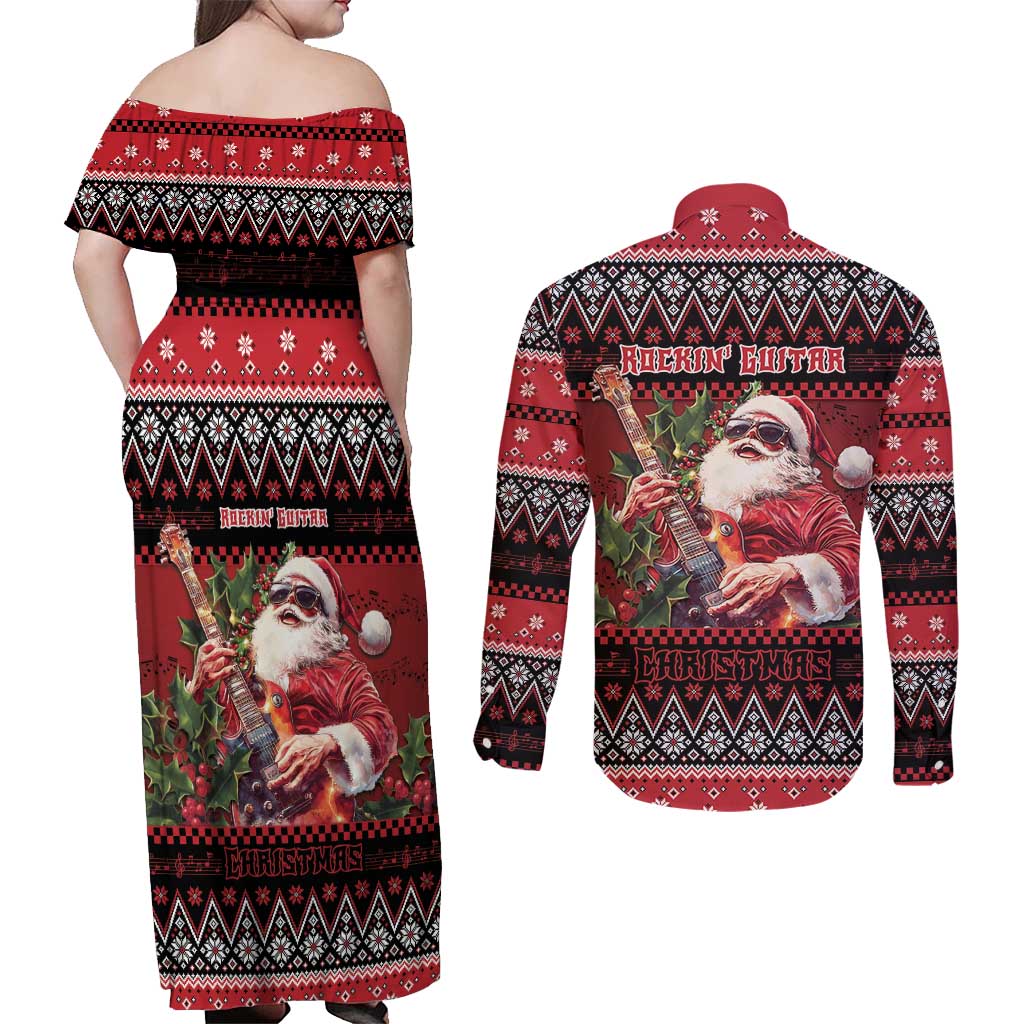 Guitar Christmas Couples Matching Off Shoulder Maxi Dress and Long Sleeve Button Shirt Rocking Santa - Wonder Print Shop