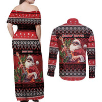 Guitar Christmas Couples Matching Off Shoulder Maxi Dress and Long Sleeve Button Shirt Rocking Santa - Wonder Print Shop