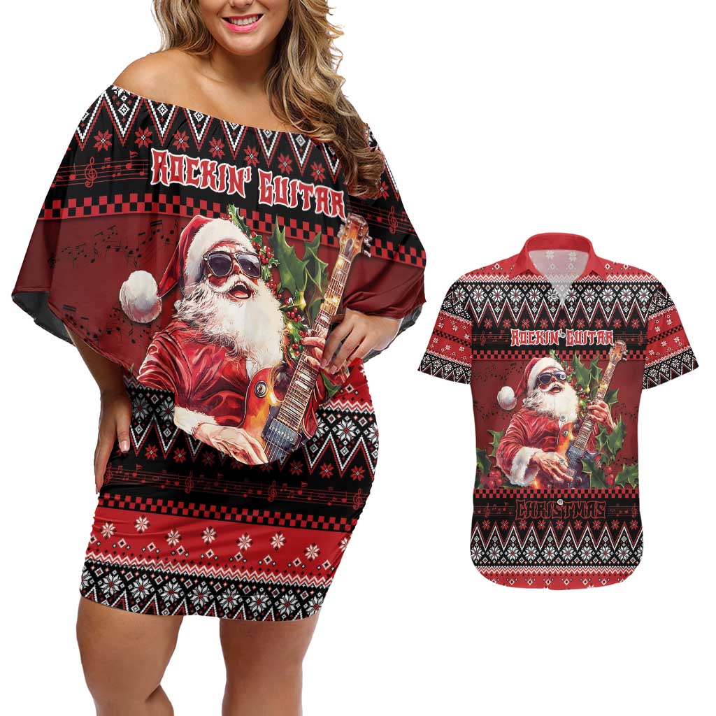 Guitar Christmas Couples Matching Off Shoulder Short Dress and Hawaiian Shirt Rocking Santa - Wonder Print Shop