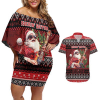 Guitar Christmas Couples Matching Off Shoulder Short Dress and Hawaiian Shirt Rocking Santa - Wonder Print Shop