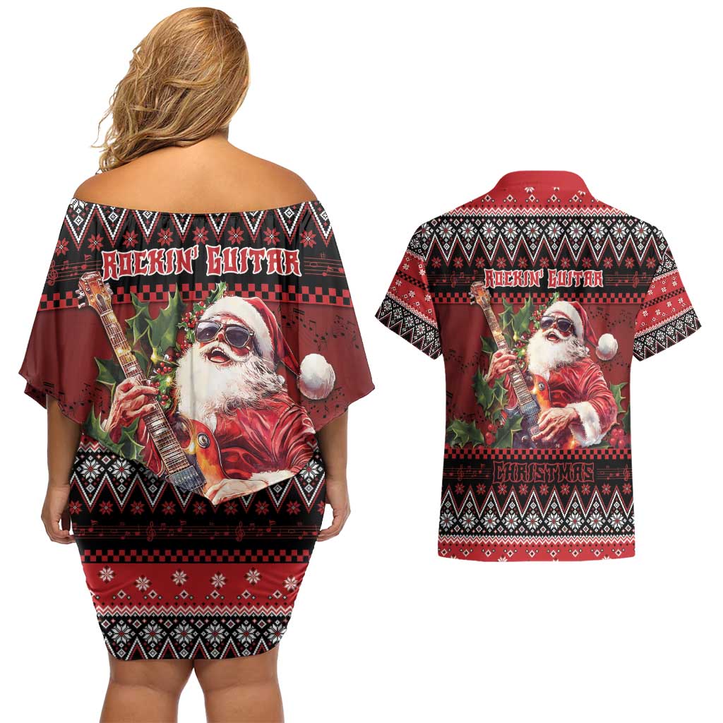 Guitar Christmas Couples Matching Off Shoulder Short Dress and Hawaiian Shirt Rocking Santa - Wonder Print Shop