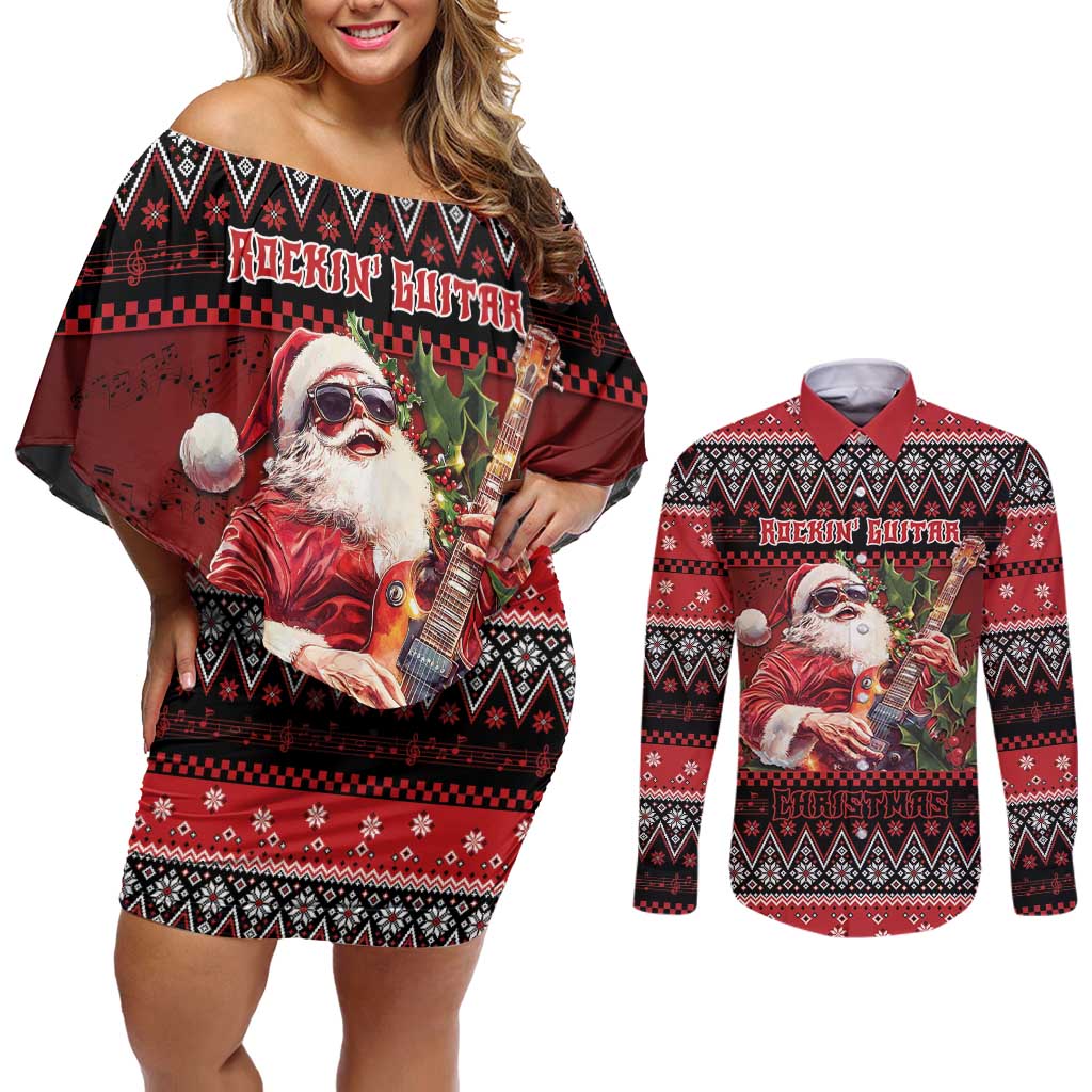 Guitar Christmas Couples Matching Off Shoulder Short Dress and Long Sleeve Button Shirt Rocking Santa - Wonder Print Shop