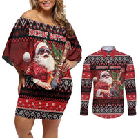 Guitar Christmas Couples Matching Off Shoulder Short Dress and Long Sleeve Button Shirt Rocking Santa - Wonder Print Shop