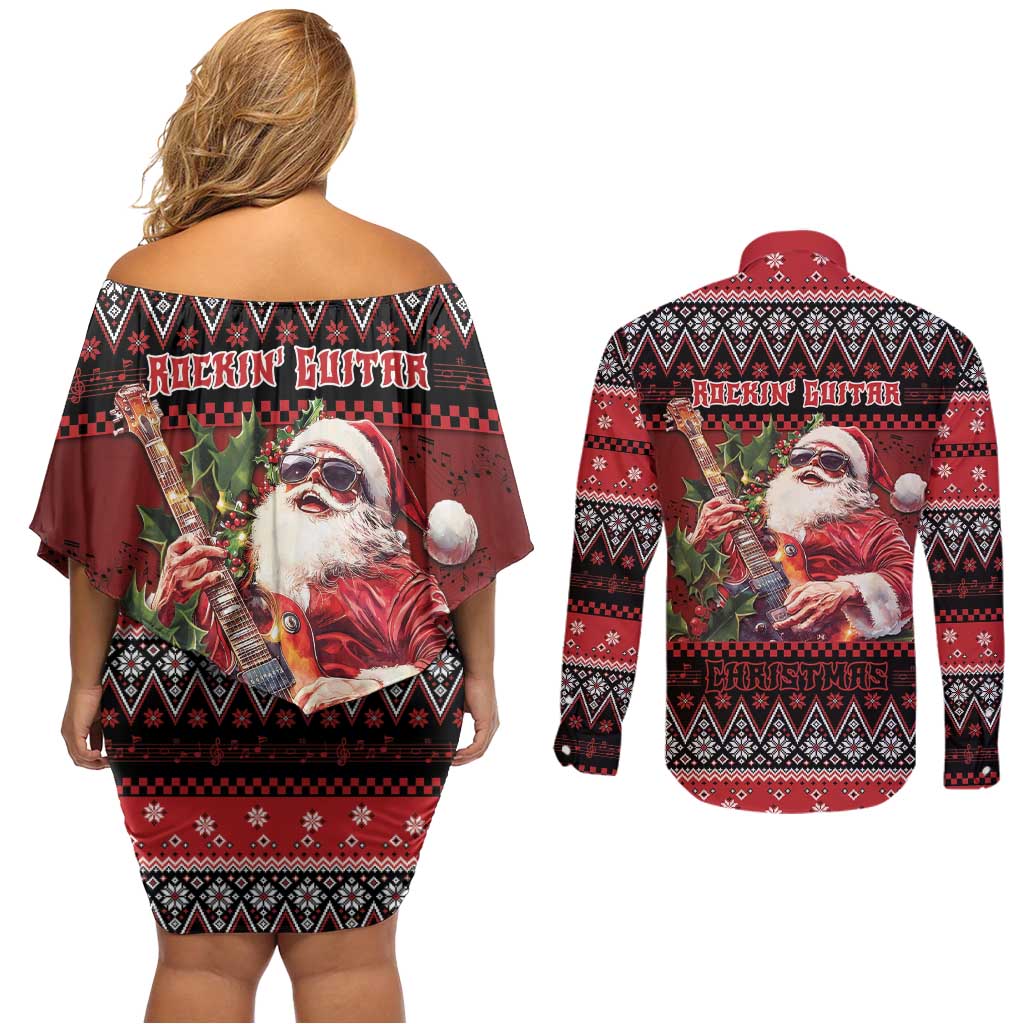 Guitar Christmas Couples Matching Off Shoulder Short Dress and Long Sleeve Button Shirt Rocking Santa - Wonder Print Shop