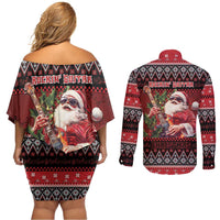 Guitar Christmas Couples Matching Off Shoulder Short Dress and Long Sleeve Button Shirt Rocking Santa - Wonder Print Shop