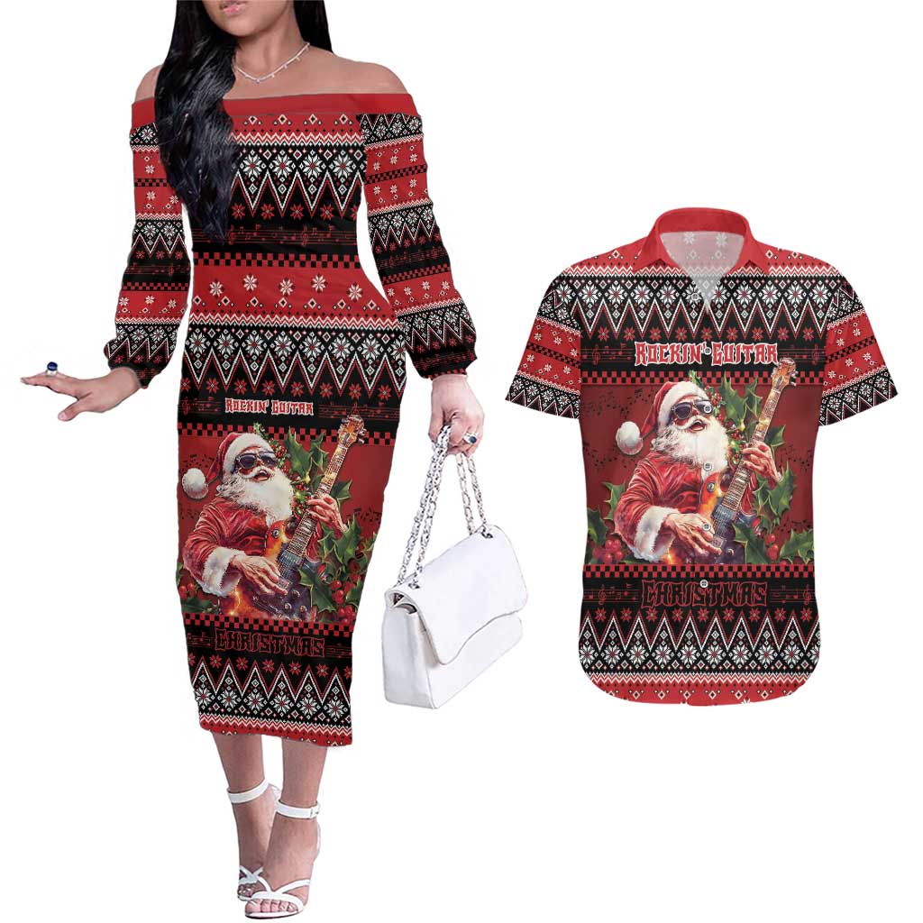 Guitar Christmas Couples Matching Off The Shoulder Long Sleeve Dress and Hawaiian Shirt Rocking Santa - Wonder Print Shop